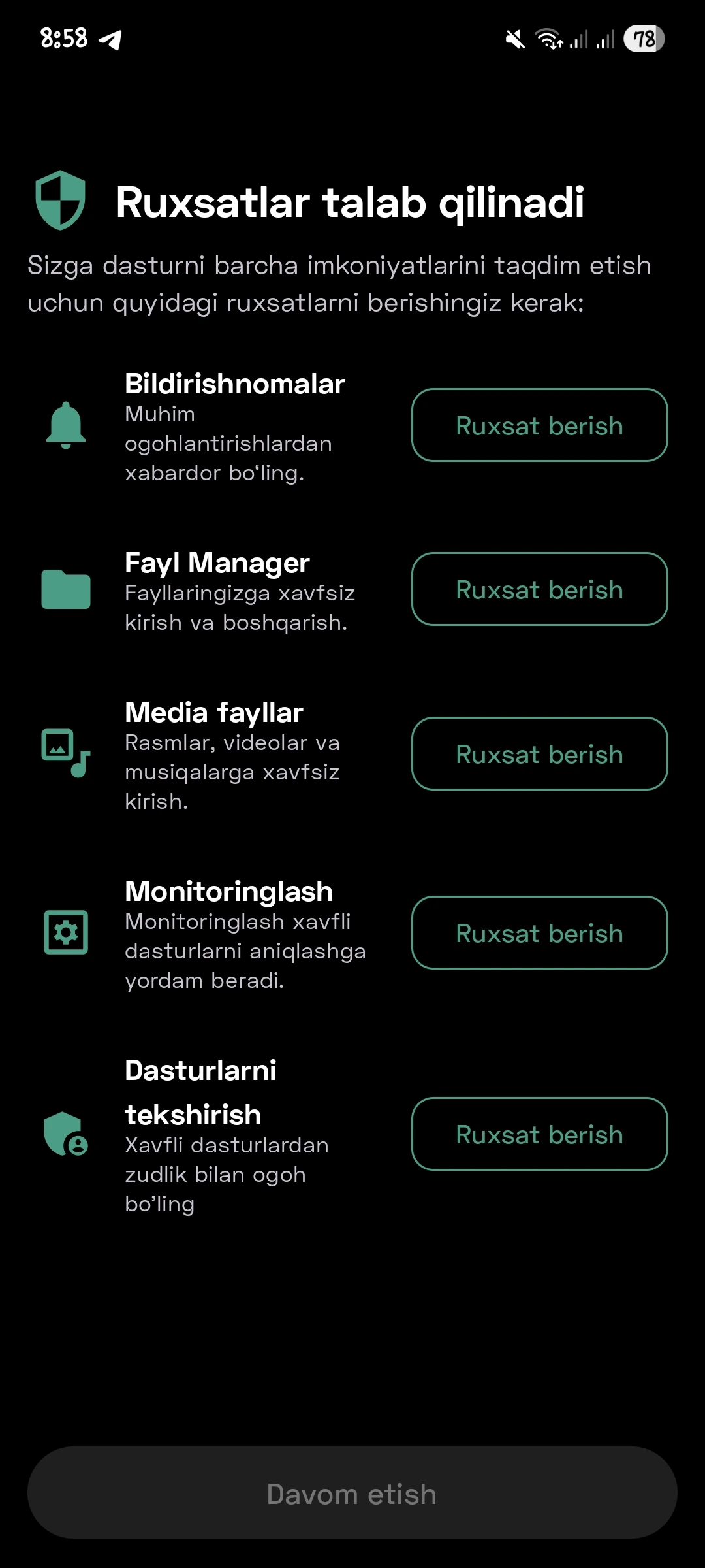 Ruxsatlar talab qilinadi ekrani